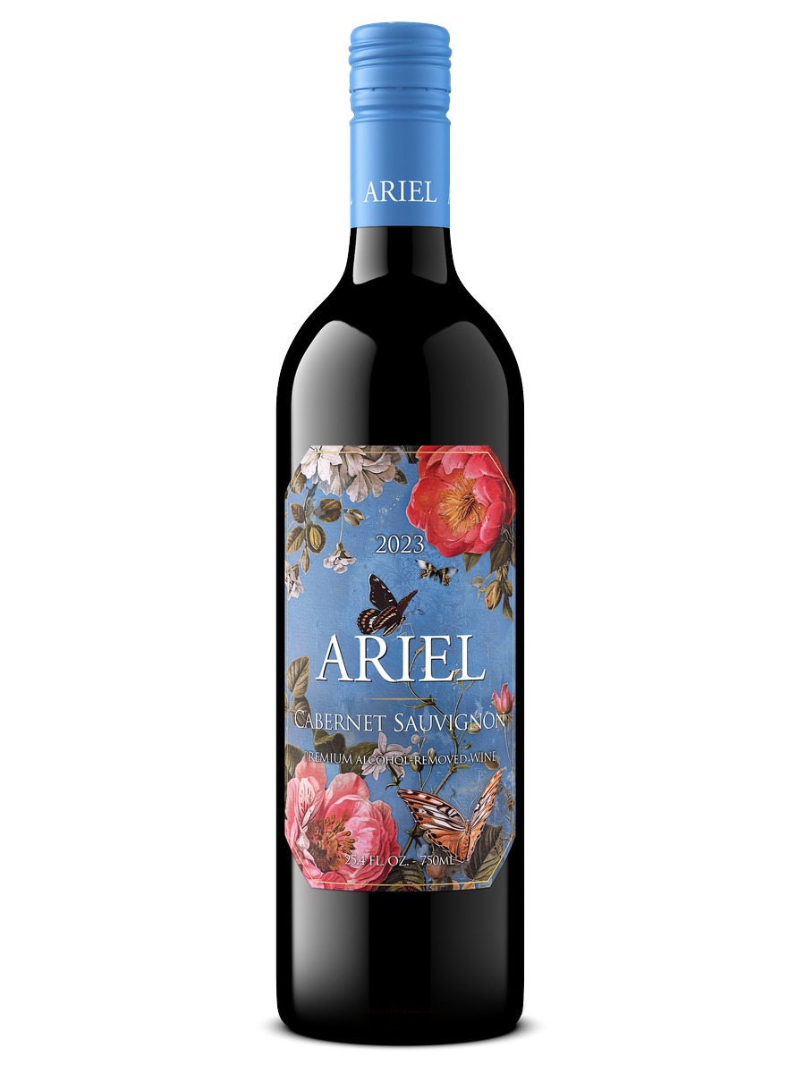 Ariel Cabernet Sauvignon, one bottle with a blue screwcap and botanical front label
