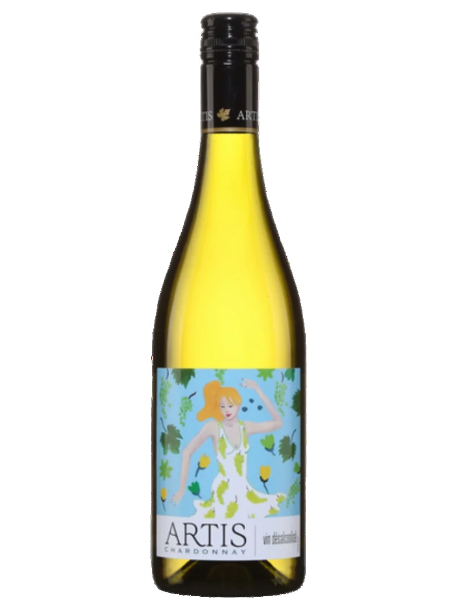 Artis Chardonnay bottle, vin désalcoolisé, with a light blue illustrated label and a black screw cap