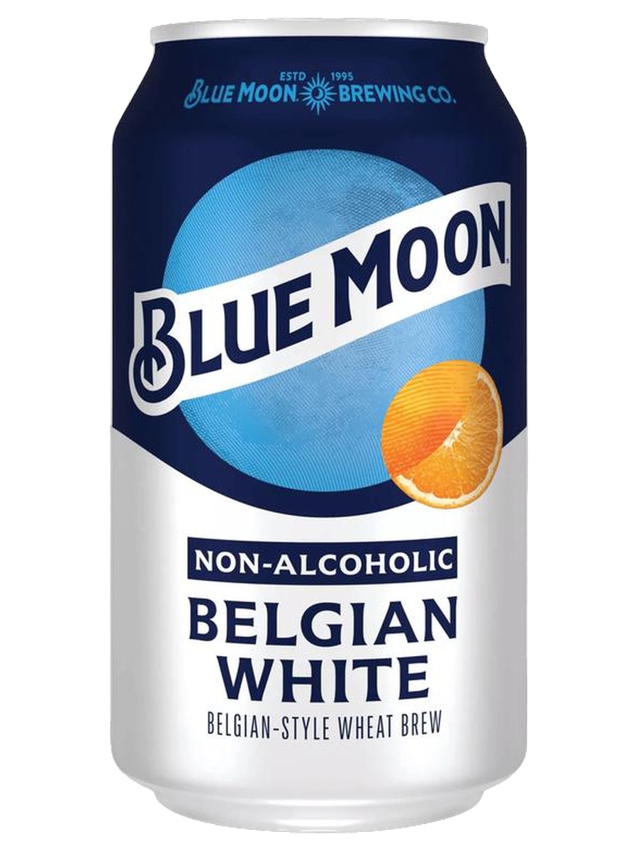 Blue Moon Non-Alcoholic Belgian White, one 12 oz can with its front label