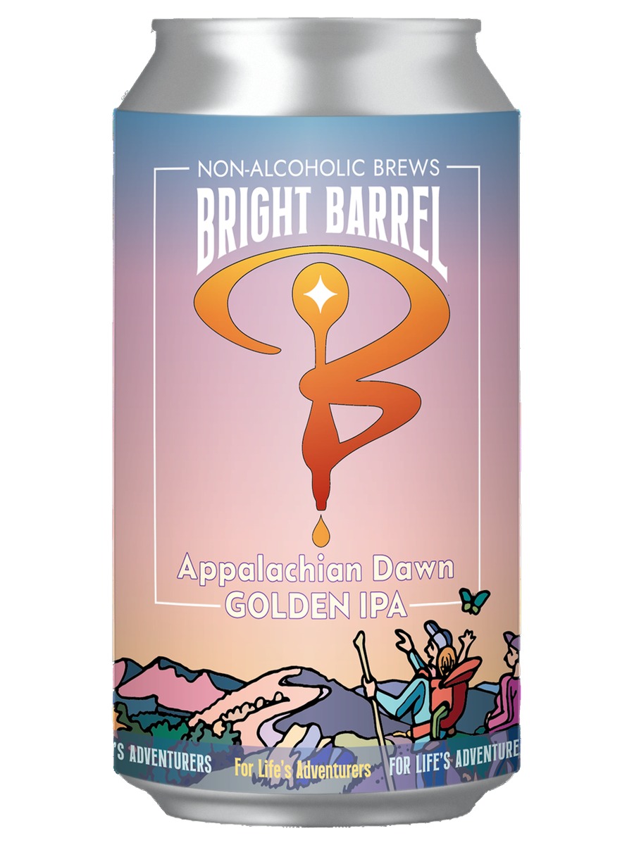 Bright Barrel can reading Appalachian Dawn Golden IPA, non-alcoholic brews