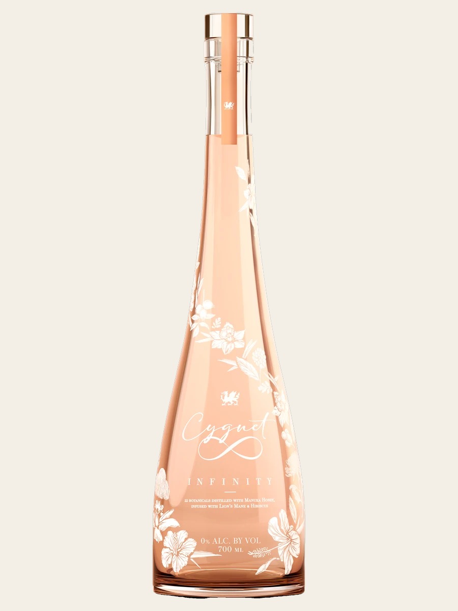Cygnet Infinity 700 ml bottle with peach-colored liquid, white floral artwork, and a 0% alcohol label