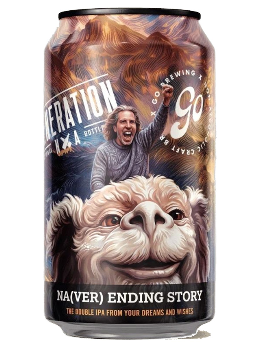 Go Brewing and Generation NA NA(very) Ending Story Double IPA, one can with the illustrated front label