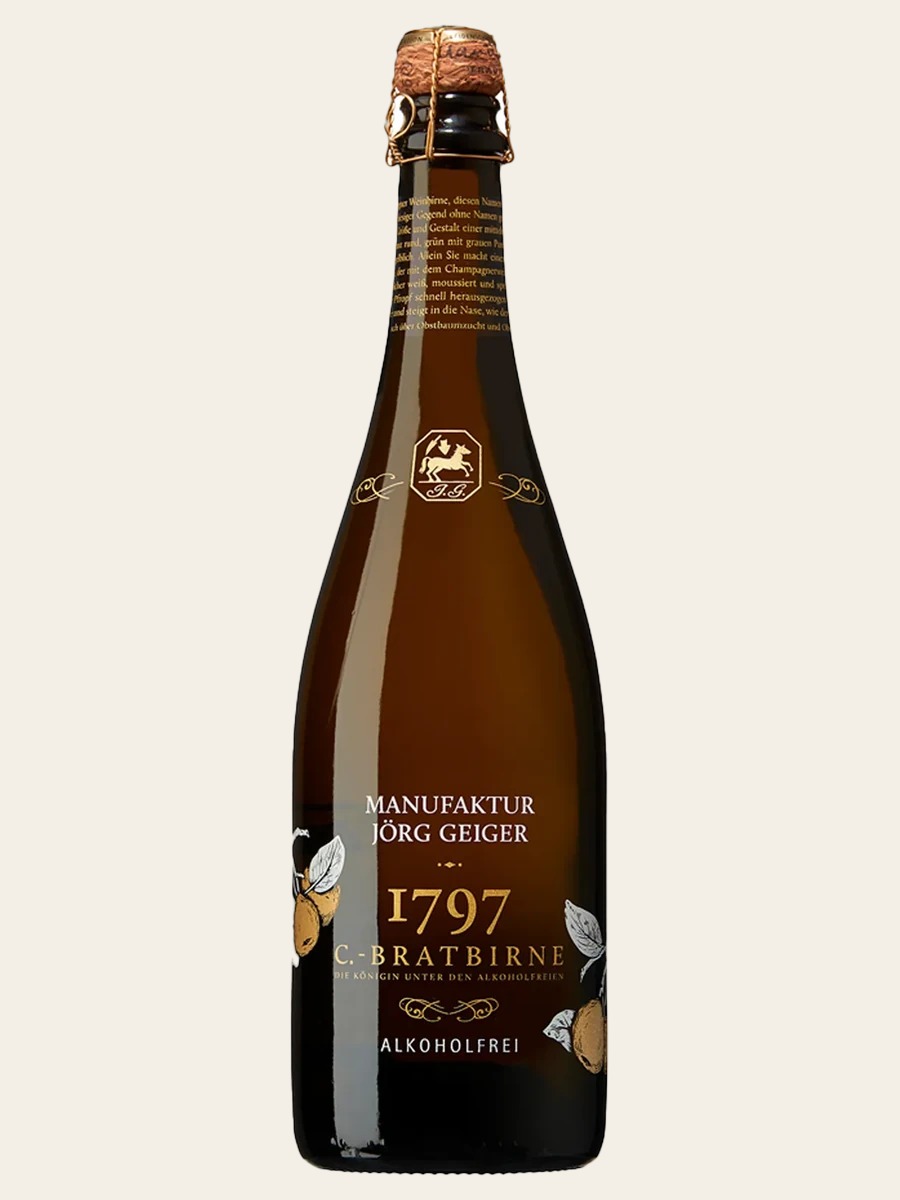 One Jörg Geiger Birnenschaumwein bottle labeled 1797 C.-Bratbirne