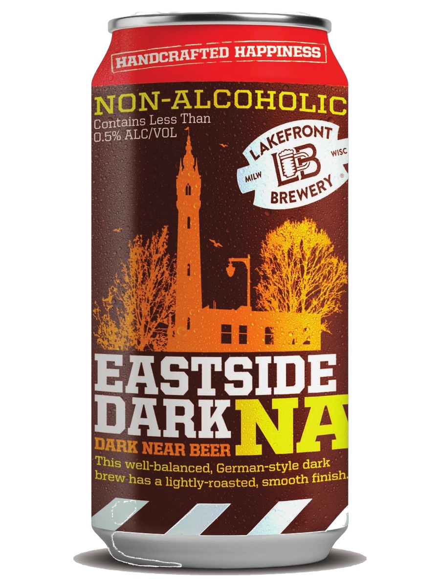 Lakefront Brewery Eastside Dark NA, one complete can with its red, brown and orange front label
