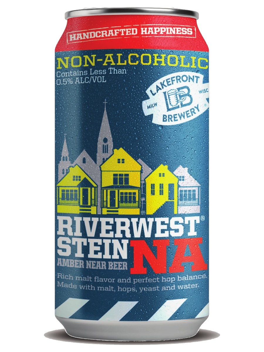 Lakefront Brewery Riverwest Stein NA, one complete can with its red, blue and yellow front label