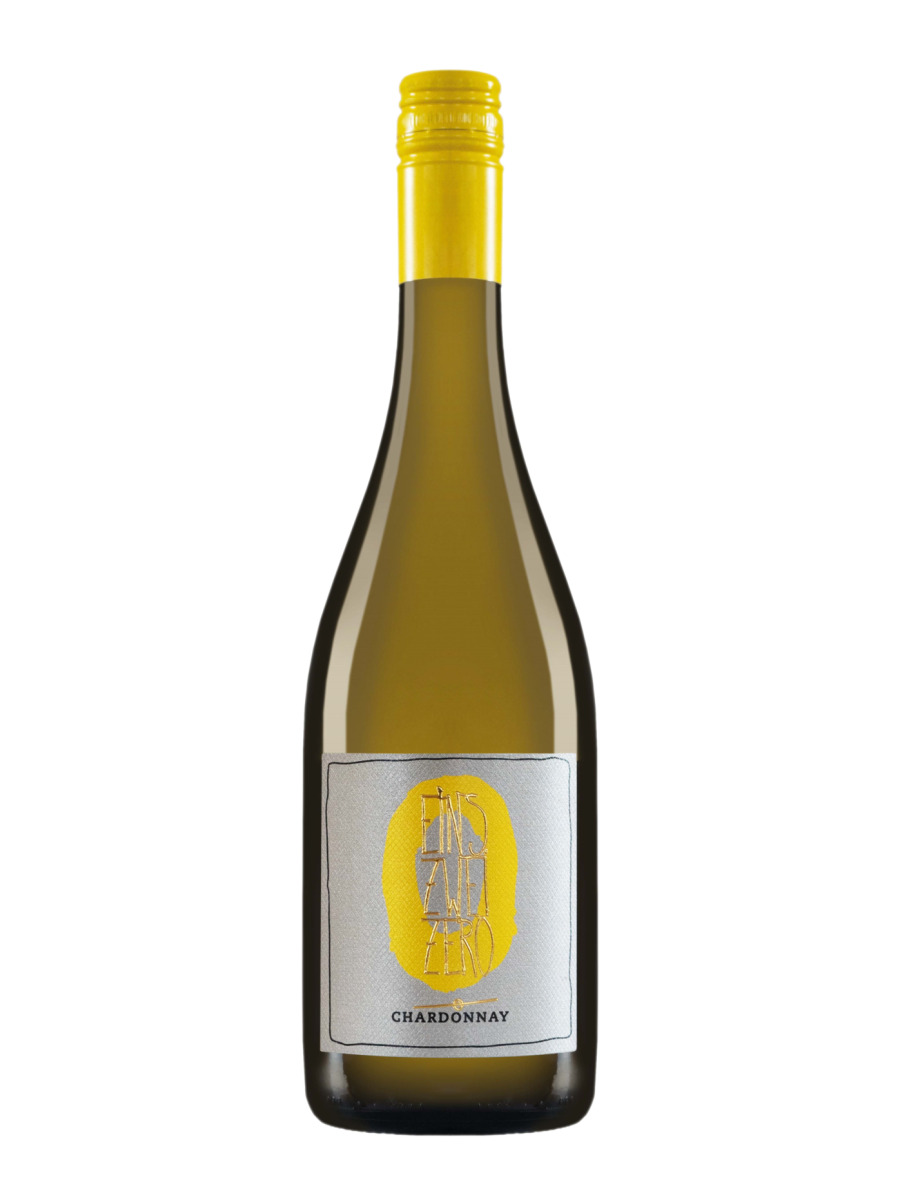 Leitz Eins-Zwei-Zero Chardonnay alcohol-removed white wine bottle on a white background