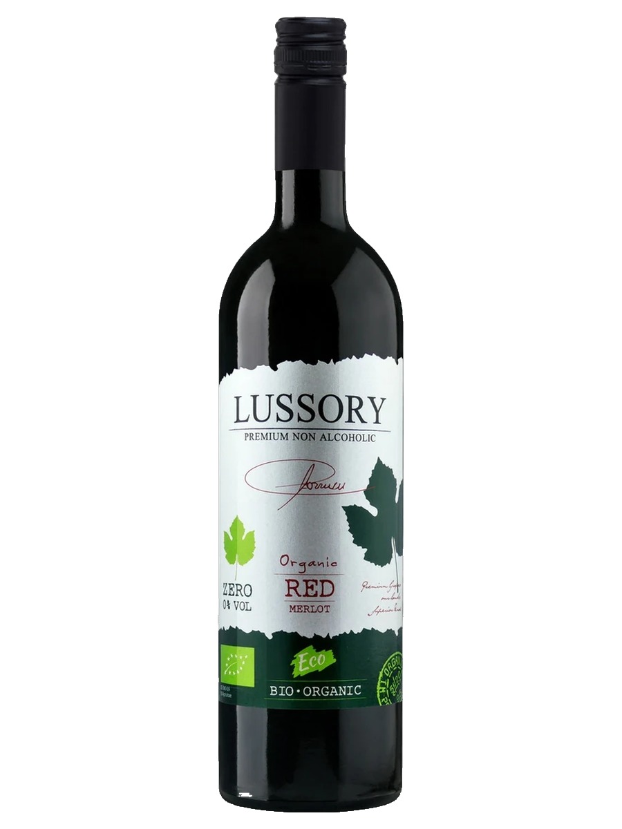 Lussory Organic Red Merlot bottle, dark glass with a white and green label reading Zero 0,0% Vol and Red Merlot