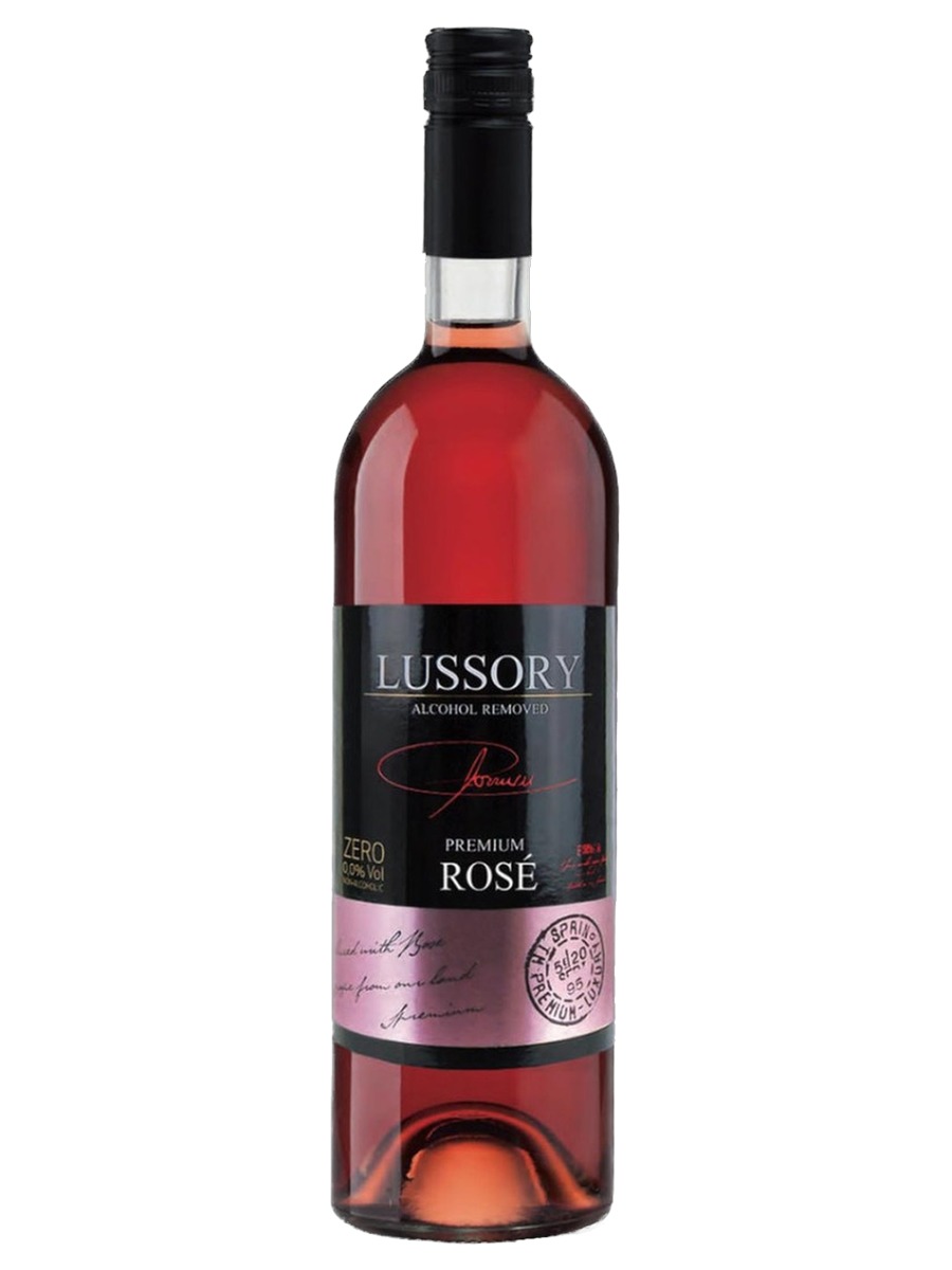 Lussory Premium Rosé bottle, pink wine with a black and rose-pink label reading Alcohol Removed