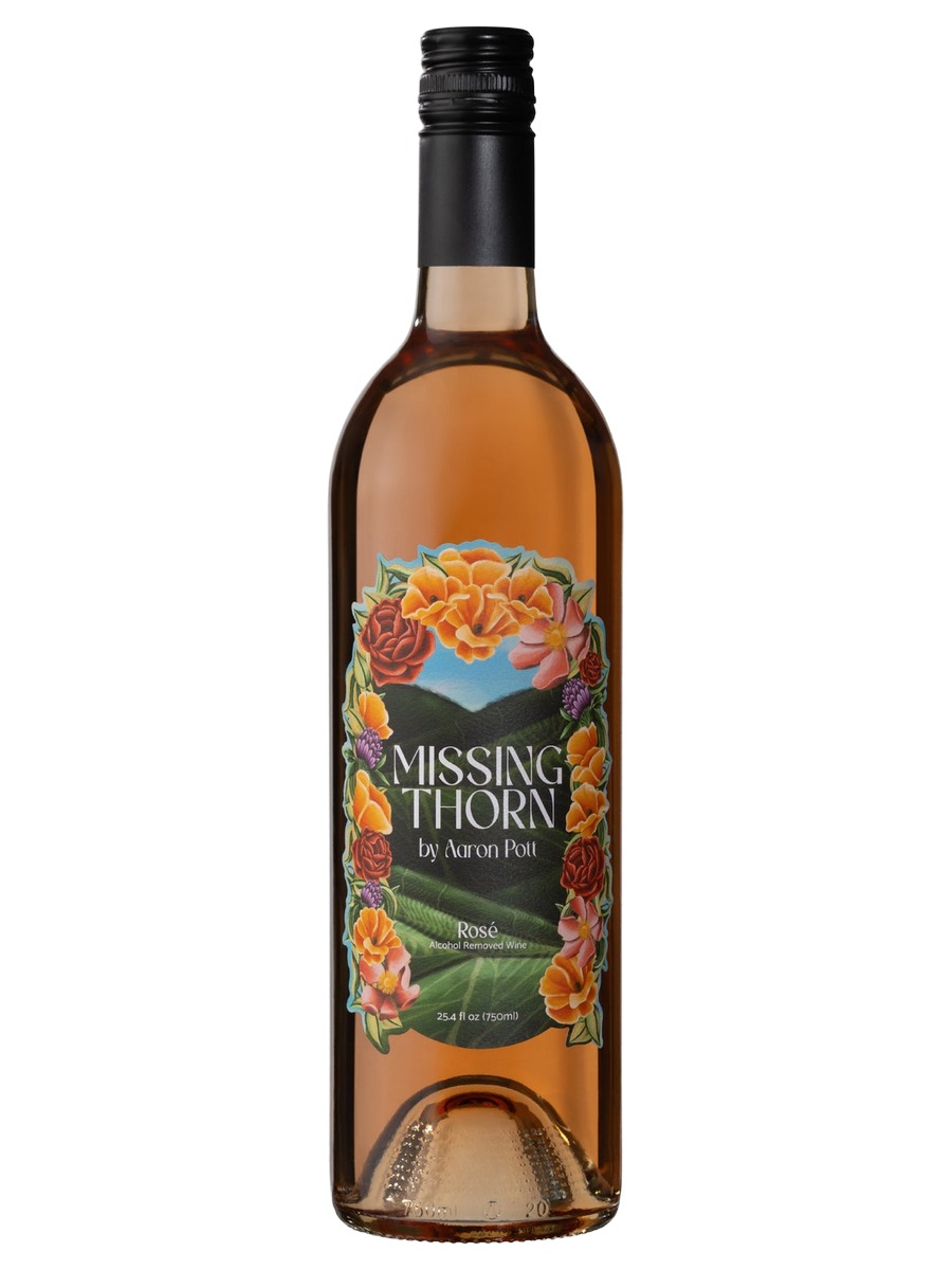 Missing Thorn Rosé, one bottle with black screwcap and full floral front label