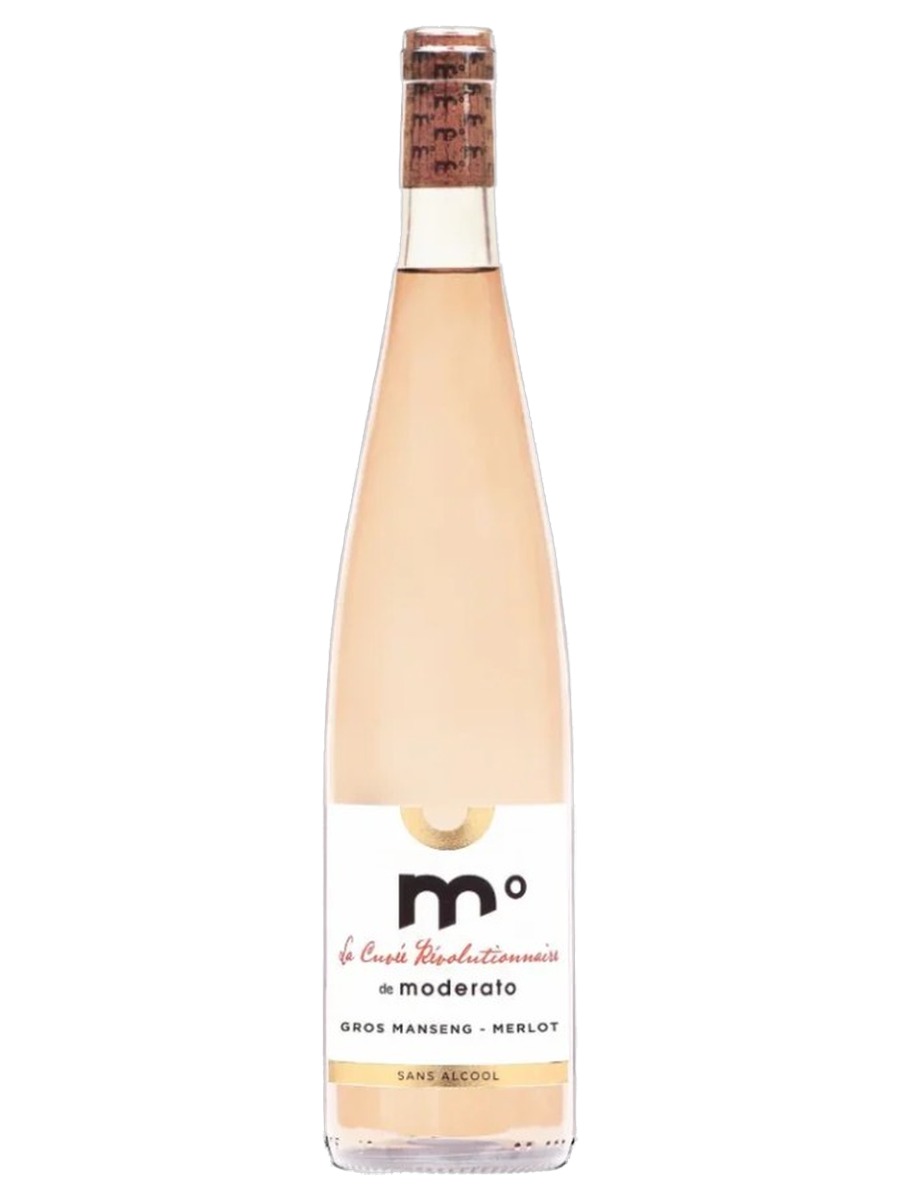 Moderato Cuvée Révolutionnaire Rosé bottle, pale wine, white label, Gros Manseng and Merlot