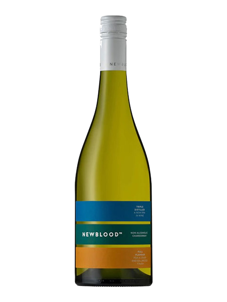 NEWBLOOD Non-Alcoholic Chardonnay bottle, pale glass with blue, green and orange label bands