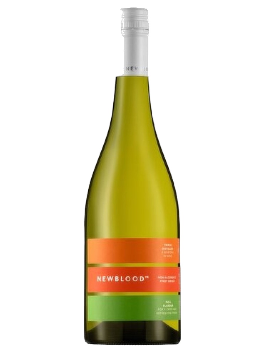 NEWBLOOD Non-Alcoholic Pinot Grigio bottle, pale glass with orange and green label bands