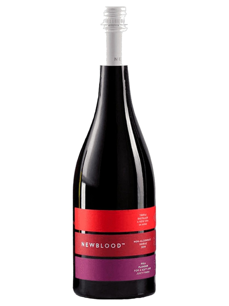 NEWBLOOD Non-Alcoholic Shiraz bottle, dark glass with red and purple label bands