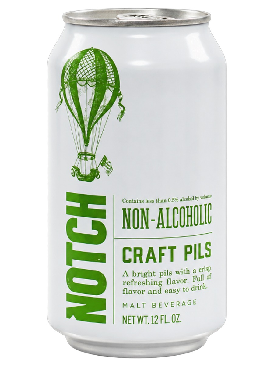 Notch Pils 12 fl oz can — green text on white, hot-air balloon mark