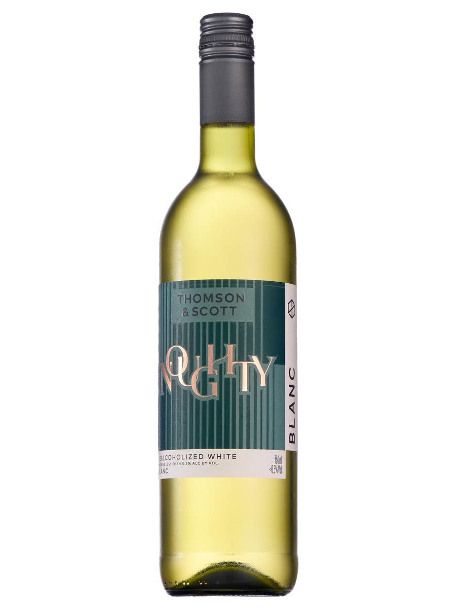 Noughty Blanc, one bottle with its full green front label and black screw cap
