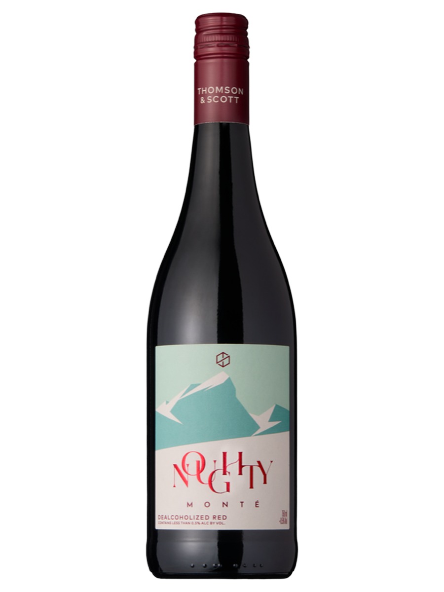 Noughty Monté dealcoholized red, one bottle with a burgundy cap and its full mountain-design front label