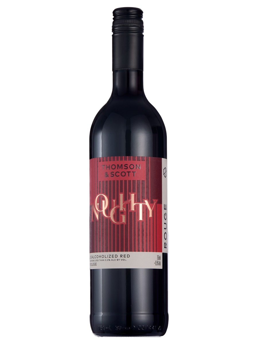 Thomson & Scott Noughty Rouge dealcoholized red wine, red label and black screw cap, 750 ml bottle
