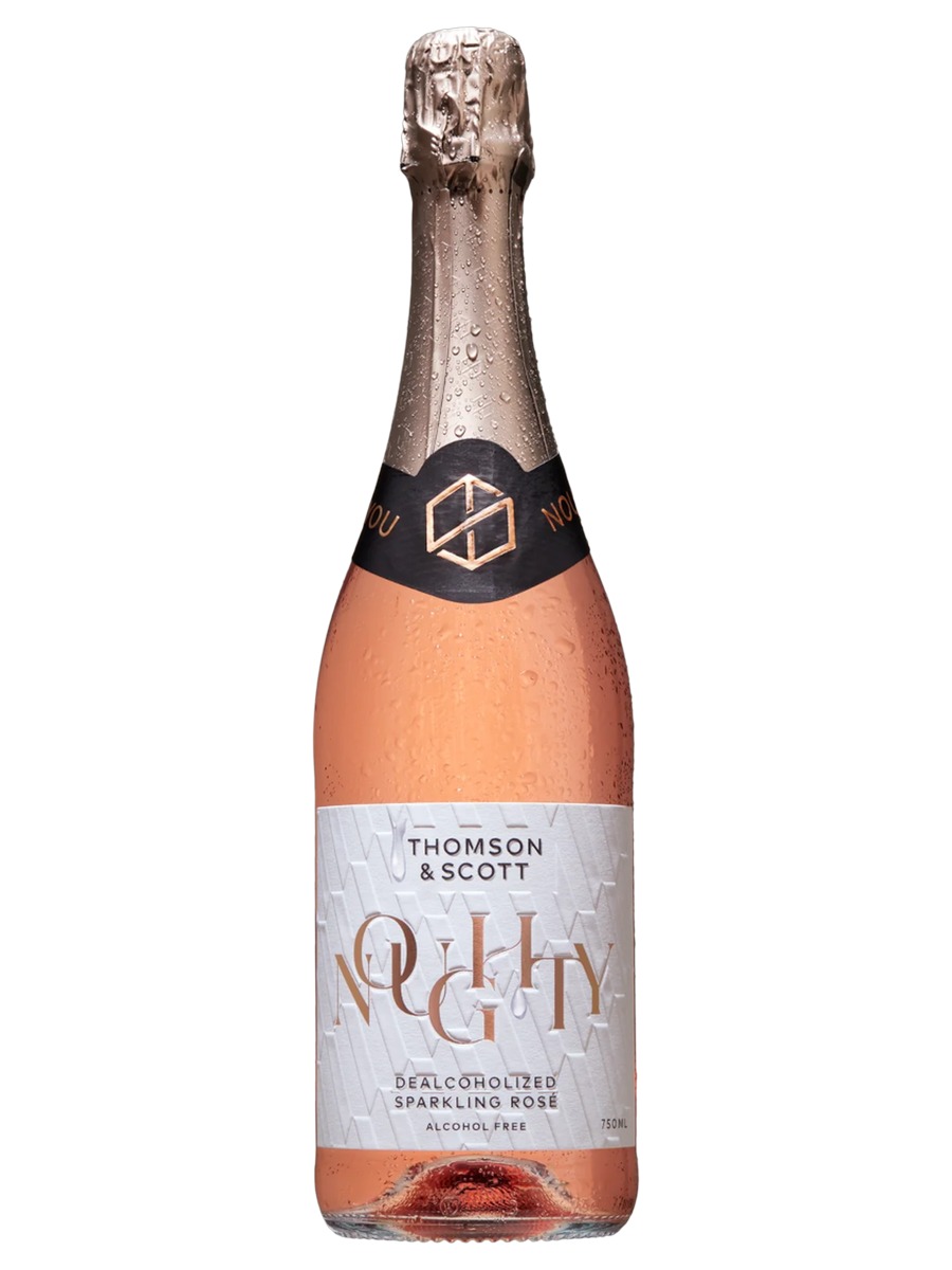 Noughty Sparkling Rosé, one bottle with a pink foil capsule and its full front label