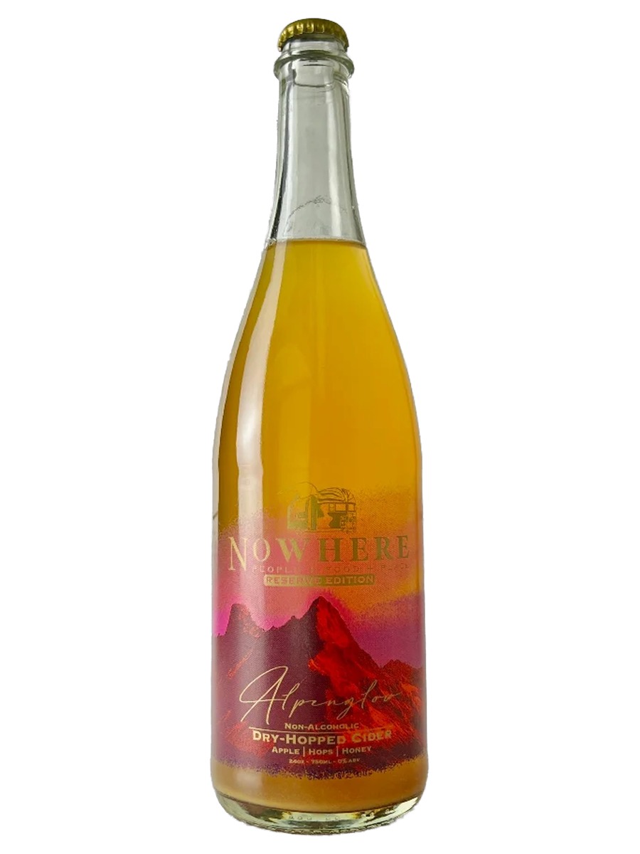 NoWhere Alpenglow Reserve Edition non-alcoholic dry-hopped cider bottle