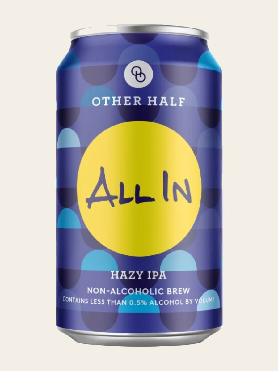 Other Half All In non-alcoholic hazy IPA can — blue moon pattern, yellow ALL IN circle