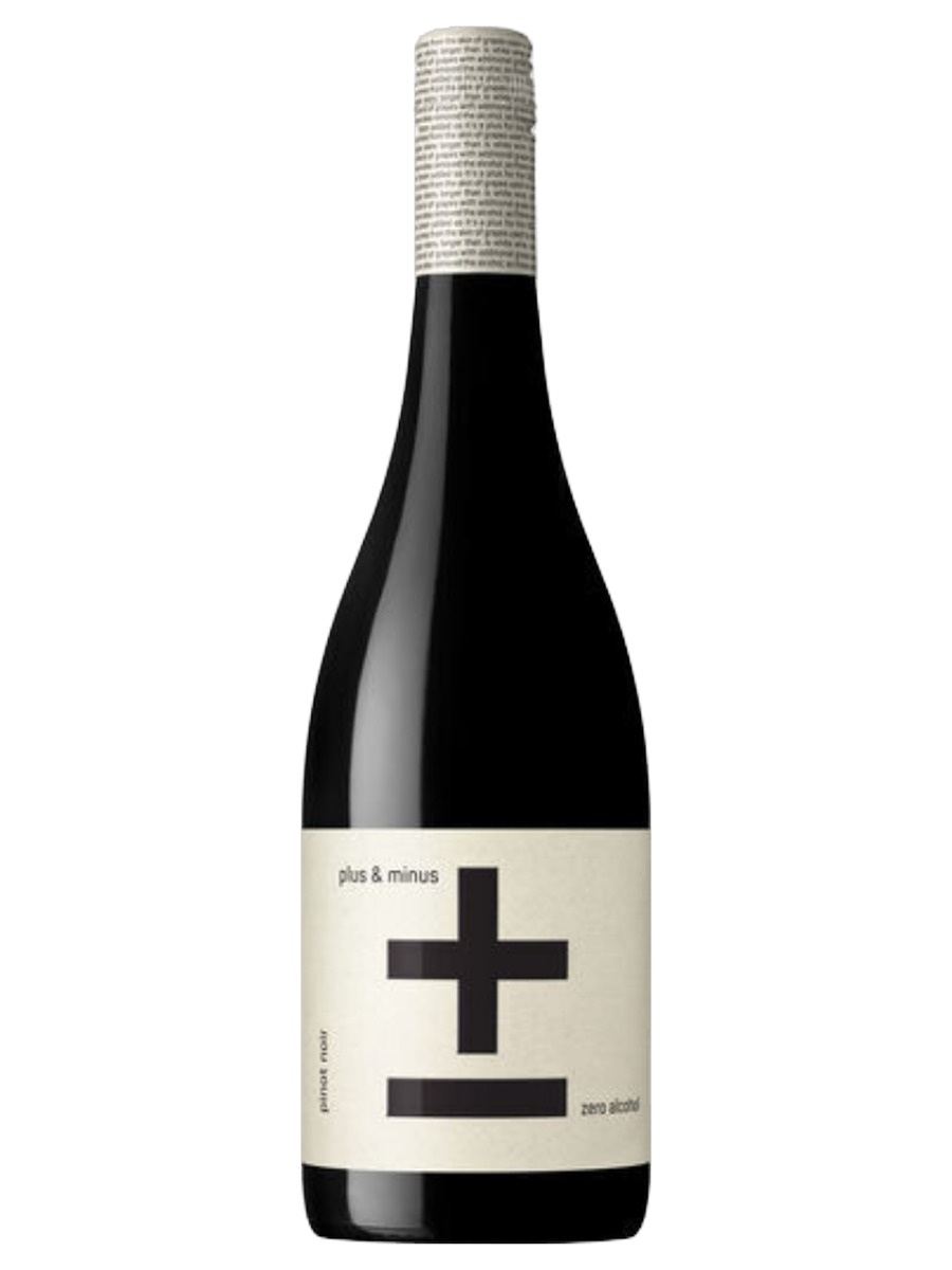 Plus & Minus Pinot Noir bottle with a cream label and black plus and minus symbols