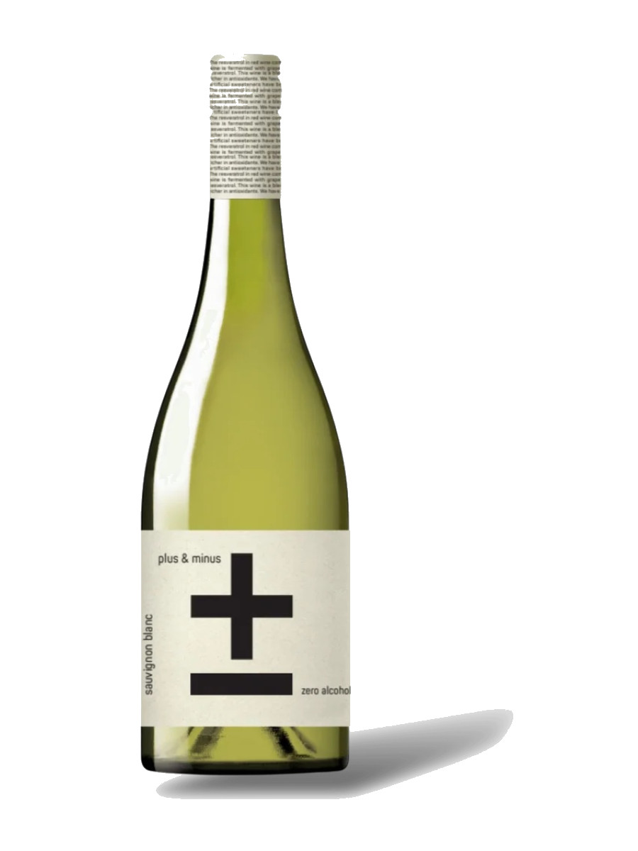 PLUS & MINUS zero-alcohol Sauvignon Blanc bottle with cream label and bold black plus/minus marks