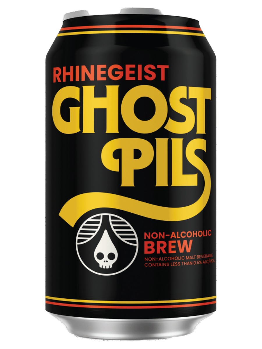 Rhinegeist Ghost Pils can, non-alcoholic brew, less than 0.5% alcohol by volume