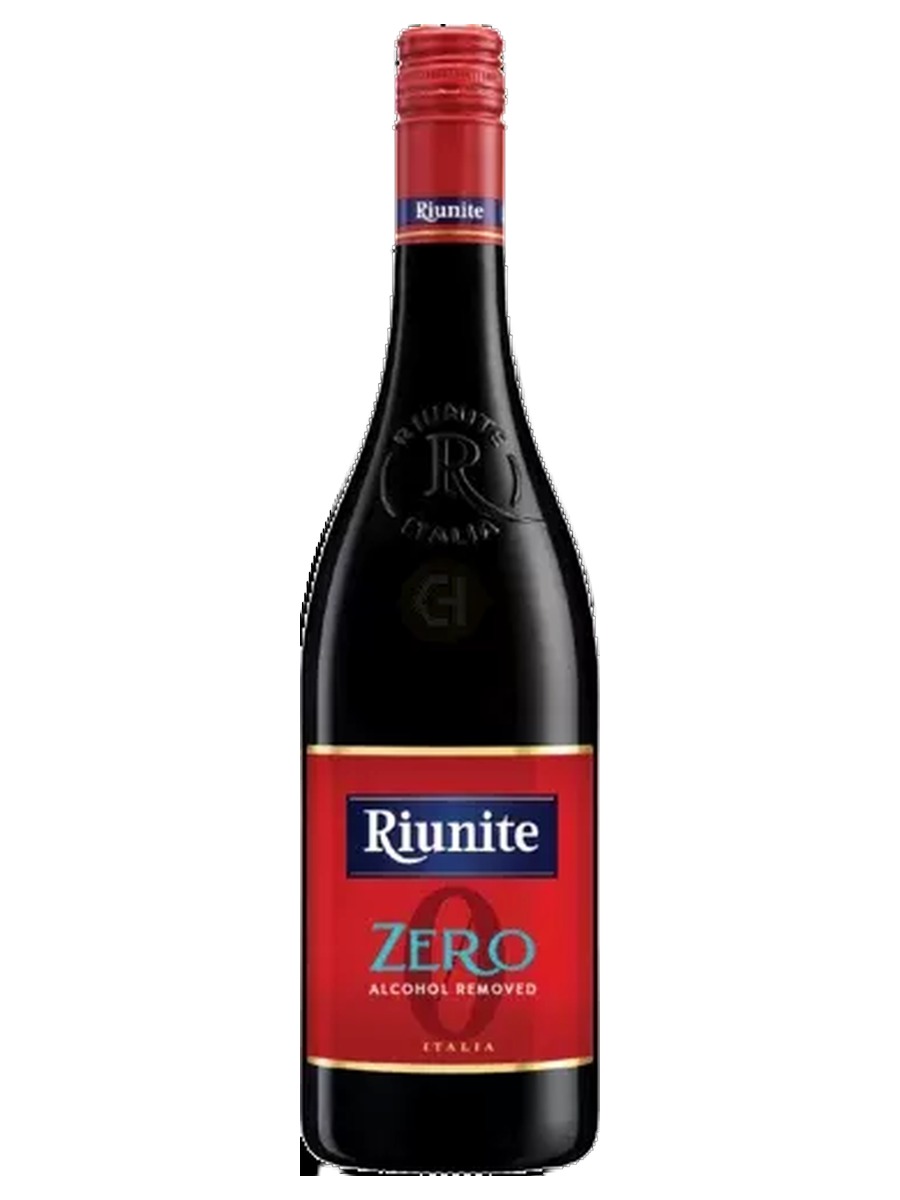 Riunite Zero red bottle, labeled alcohol removed