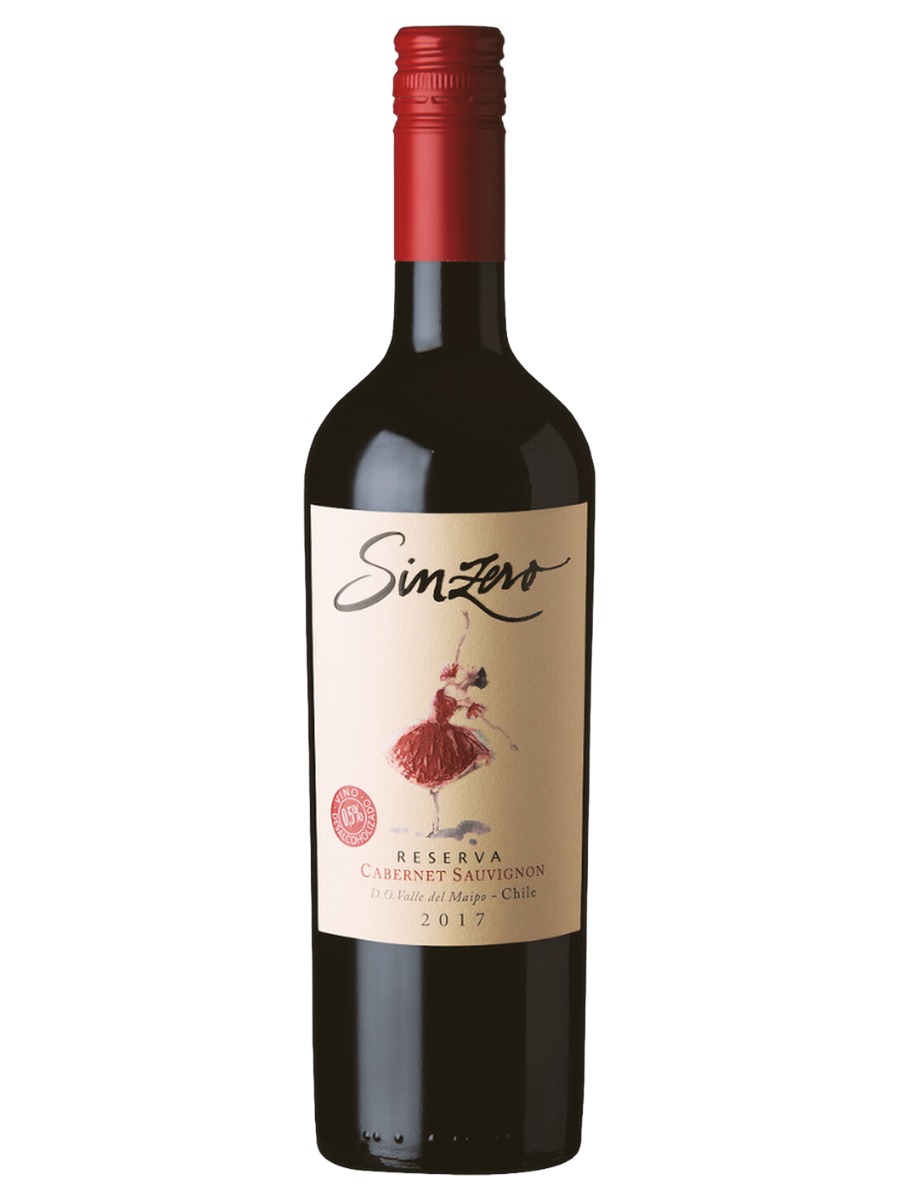 Sinzero Cabernet Sauvignon, one complete bottle with a red cap and cream ballerina label