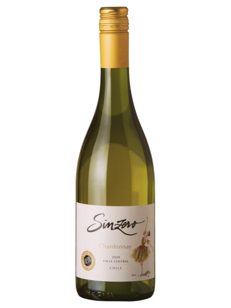 Sinzero Chardonnay, one complete bottle with a gold cap and pale ballerina label