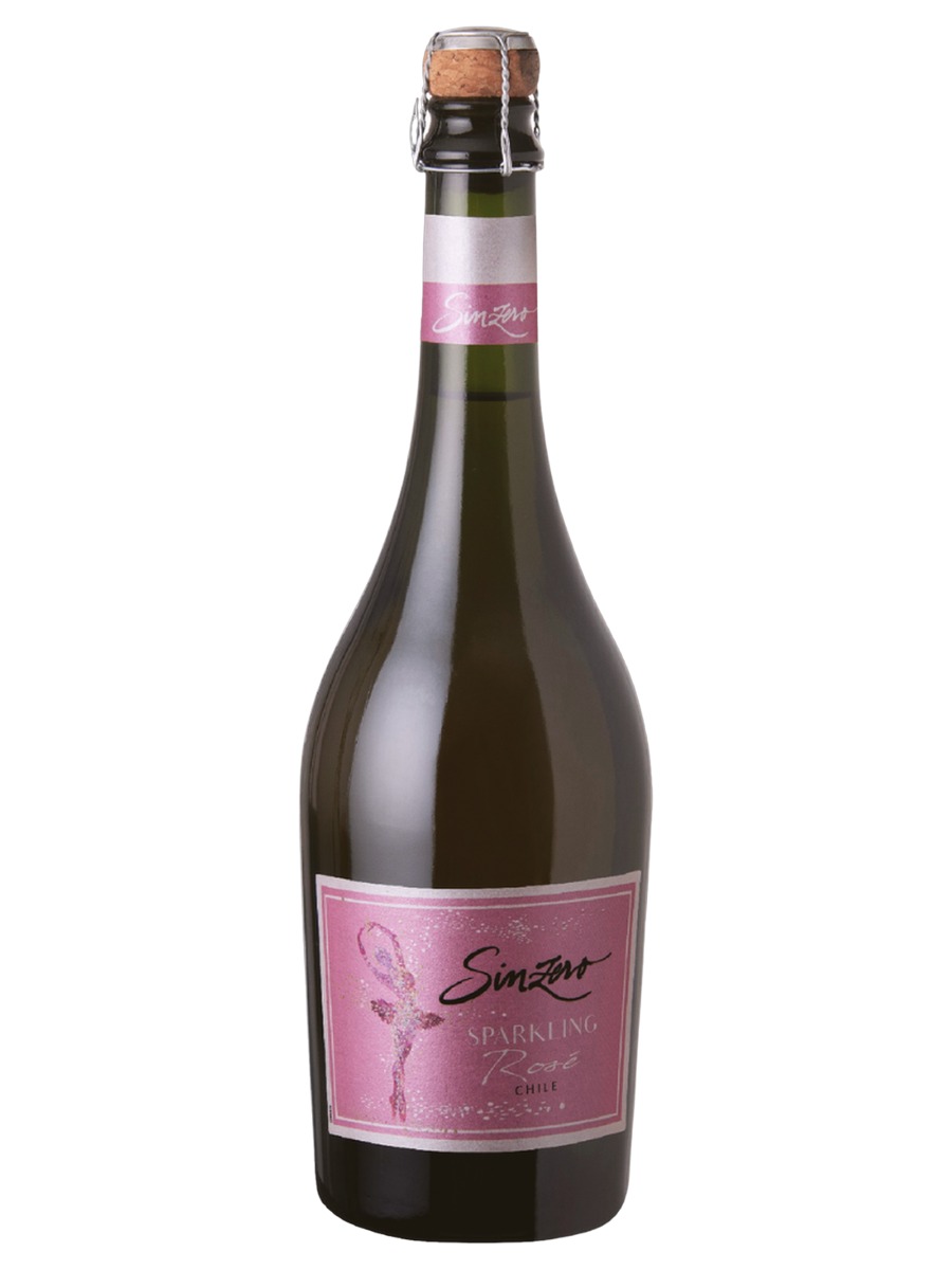 Sinzero Sparkling Rosé, one complete bottle with a cork, wire cage and pink ballerina label