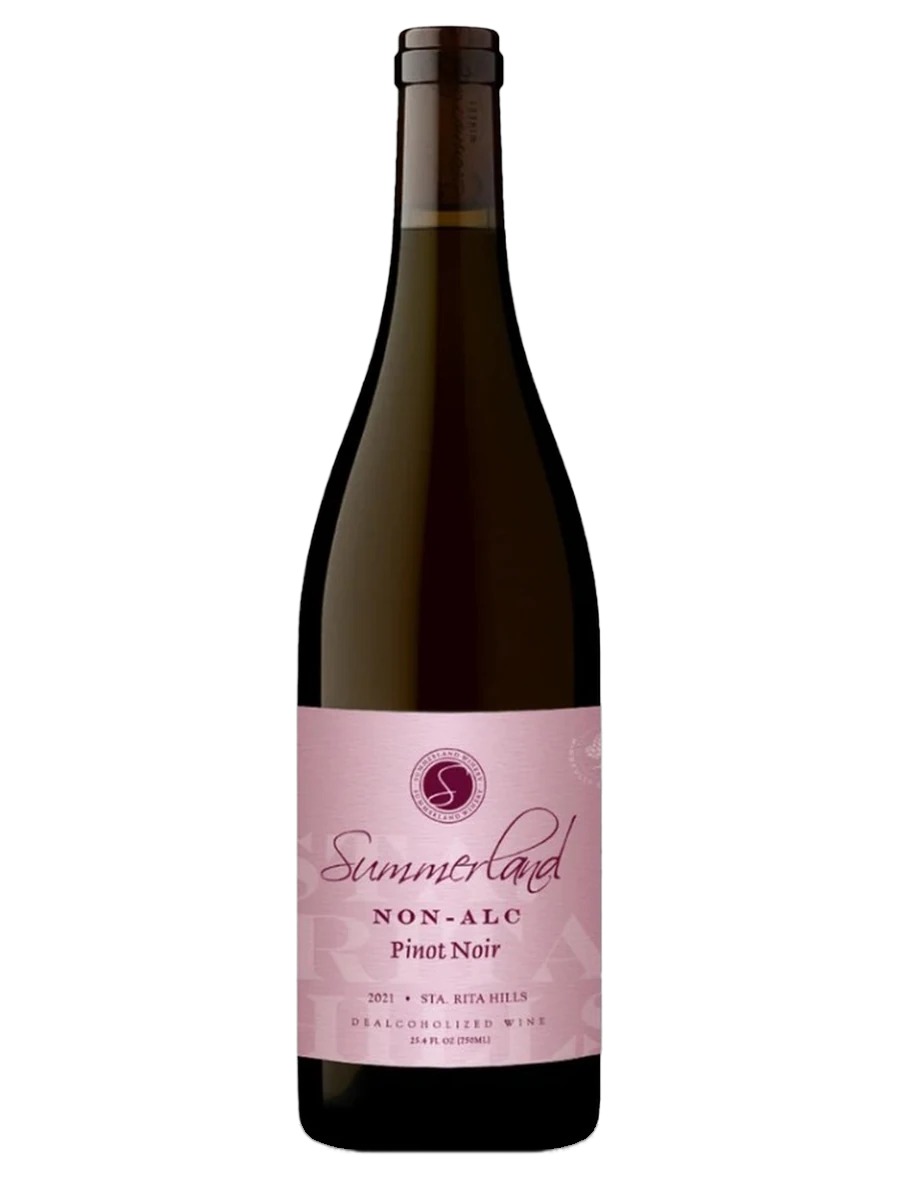 Summerland Non-Alc Pinot Noir 2021 bottle, pale pink label, Sta. Rita Hills