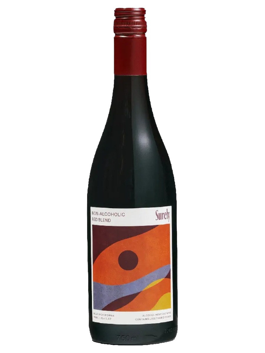 Surely non-alcoholic Red Blend bottle with orange and blue label artwork