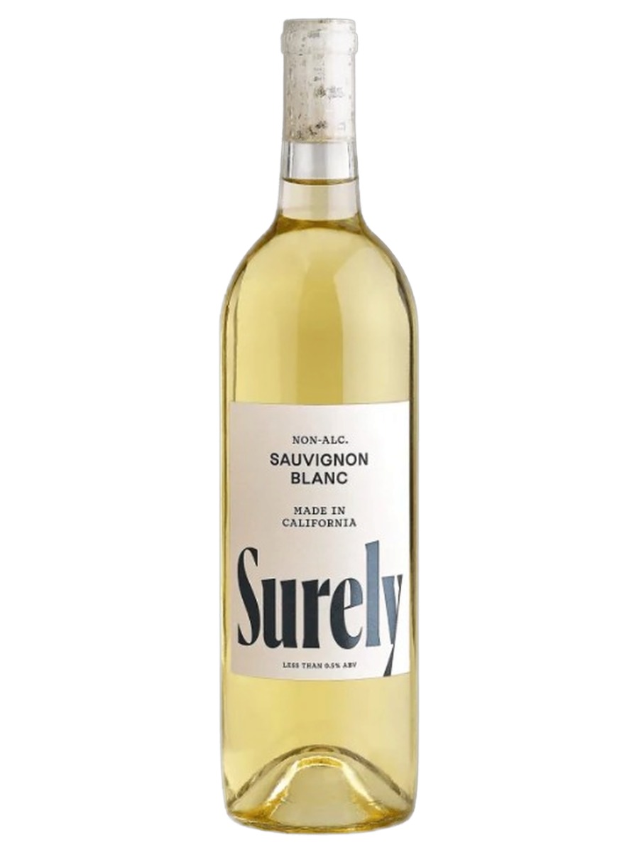 Surely non-alcoholic Sauvignon Blanc bottle, less than 0.5% ABV, made in California