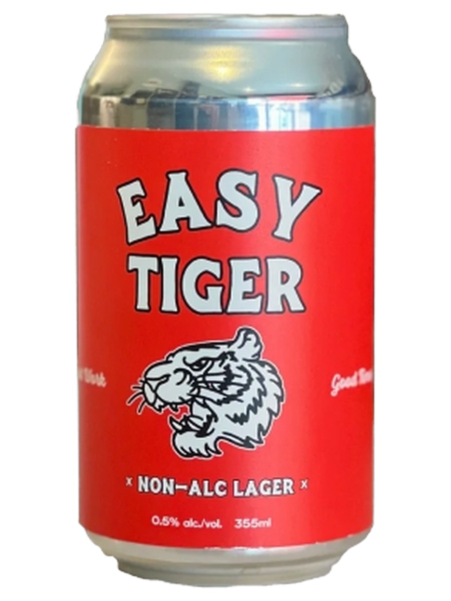 Town Brewery Easy Tiger Non-Alc Lager, one 355 ml can with the red front label