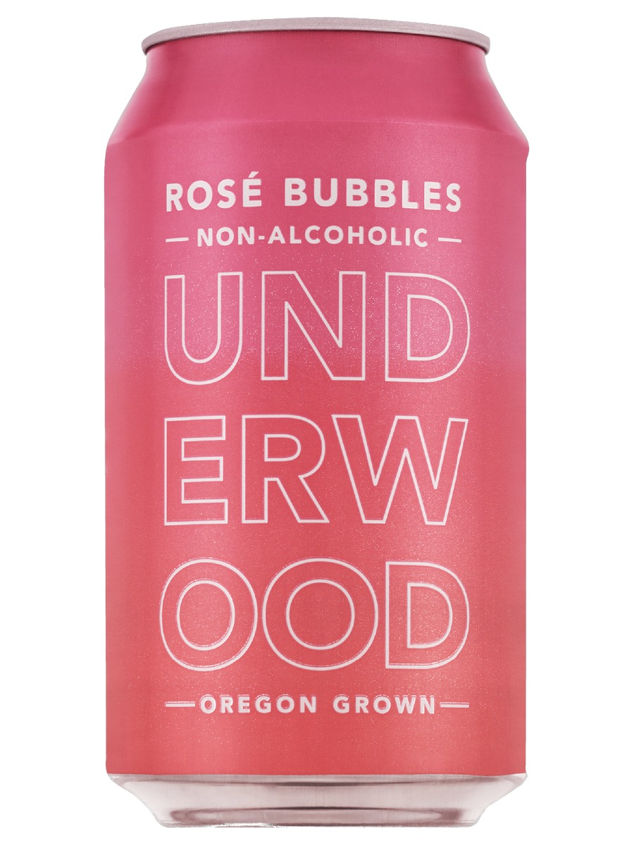 Underwood Non-Alcoholic Rosé Bubbles, one pink Oregon Grown can with the full front label
