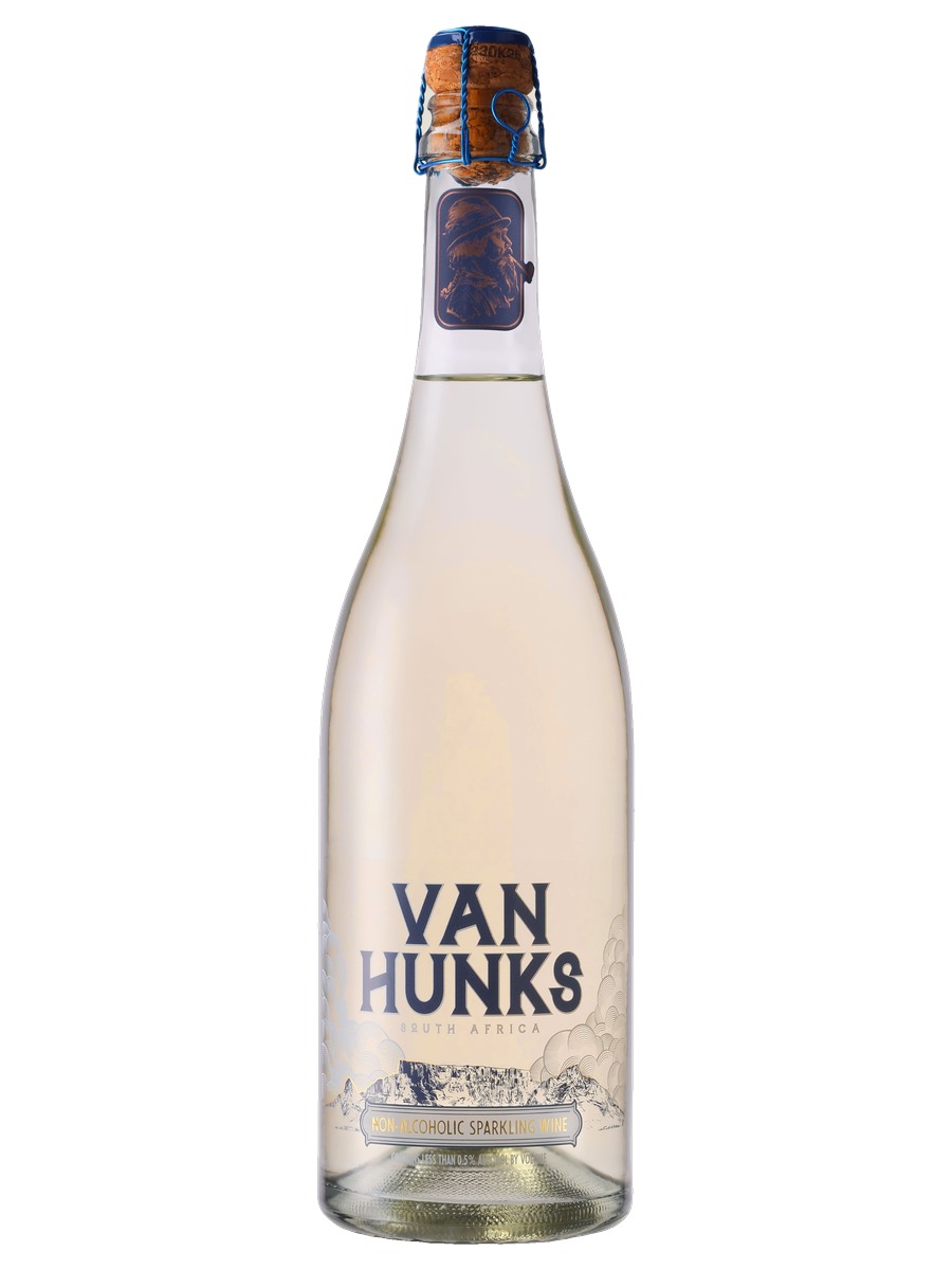Van Hunks Non-Alcoholic Sparkling Blanc bottle, pale gold wine, cork and muselet