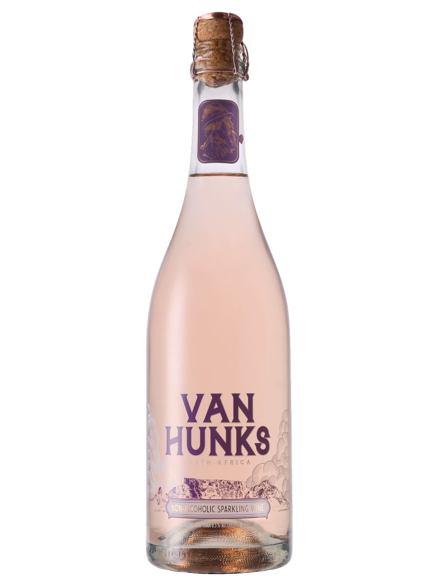 Van Hunks Non-Alcoholic Sparkling Rosé bottle, pale pink wine, cork and muselet