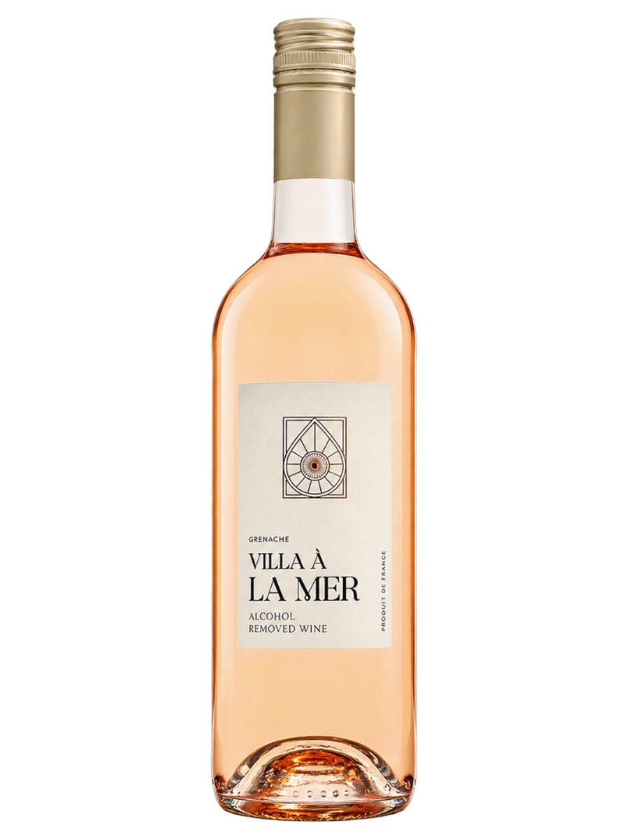 Villa à la Mer Grenache rosé bottle, labeled alcohol removed wine