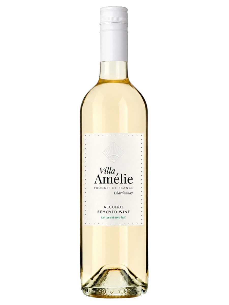 Villa Amélie Chardonnay, one green 750 ml bottle with a cream label reading Alcohol Removed Wine