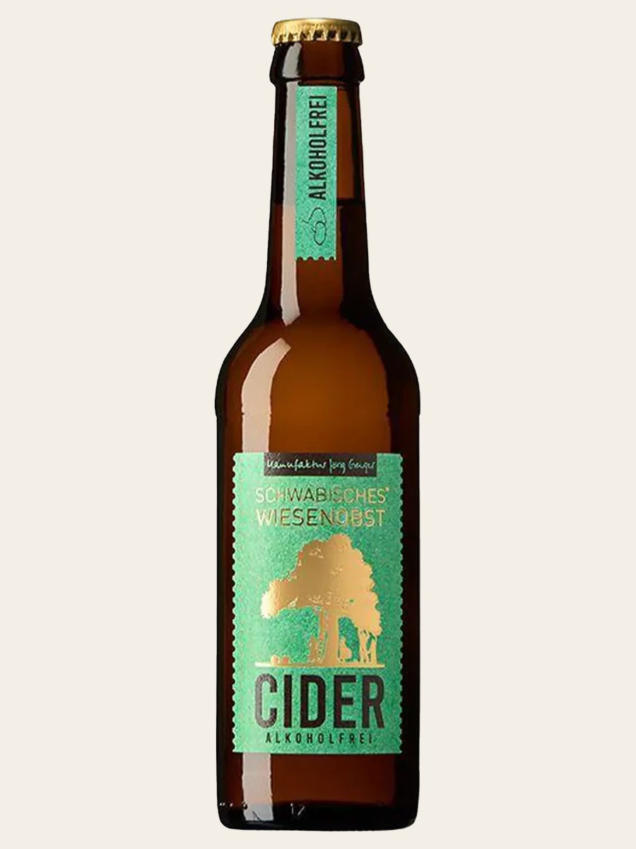One Jörg Geiger WiesenObst Cider bottle with a green label